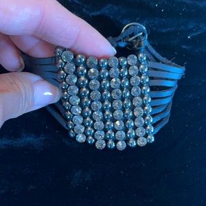 Black Leather and Smokey Black Stone Bracelet